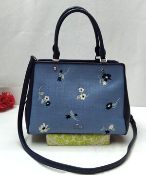 Kate Spade Leila Blue Canvas Leather Floral Double Handles Satchel Shoulder Bag